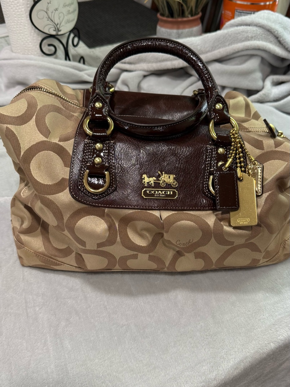 Coach Brown Signature Canvas Satchel with Dark Brown Leather Trim